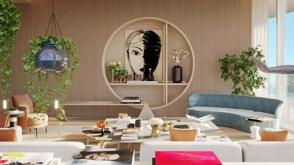 Modern, art-filled living room with a circular wall shelf framing a black-and-white portrait, curved blue velvet sofa, lush greenery, and sculptural decor.
